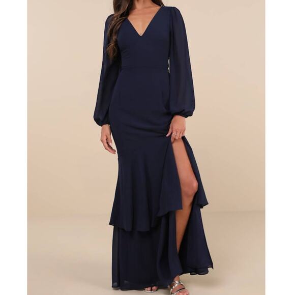 Lulus NWT Tier Elegance Navy Sheer Long Sleeve Tiered Woven Tie Maxi Dress 2X - Picture 1 of 10